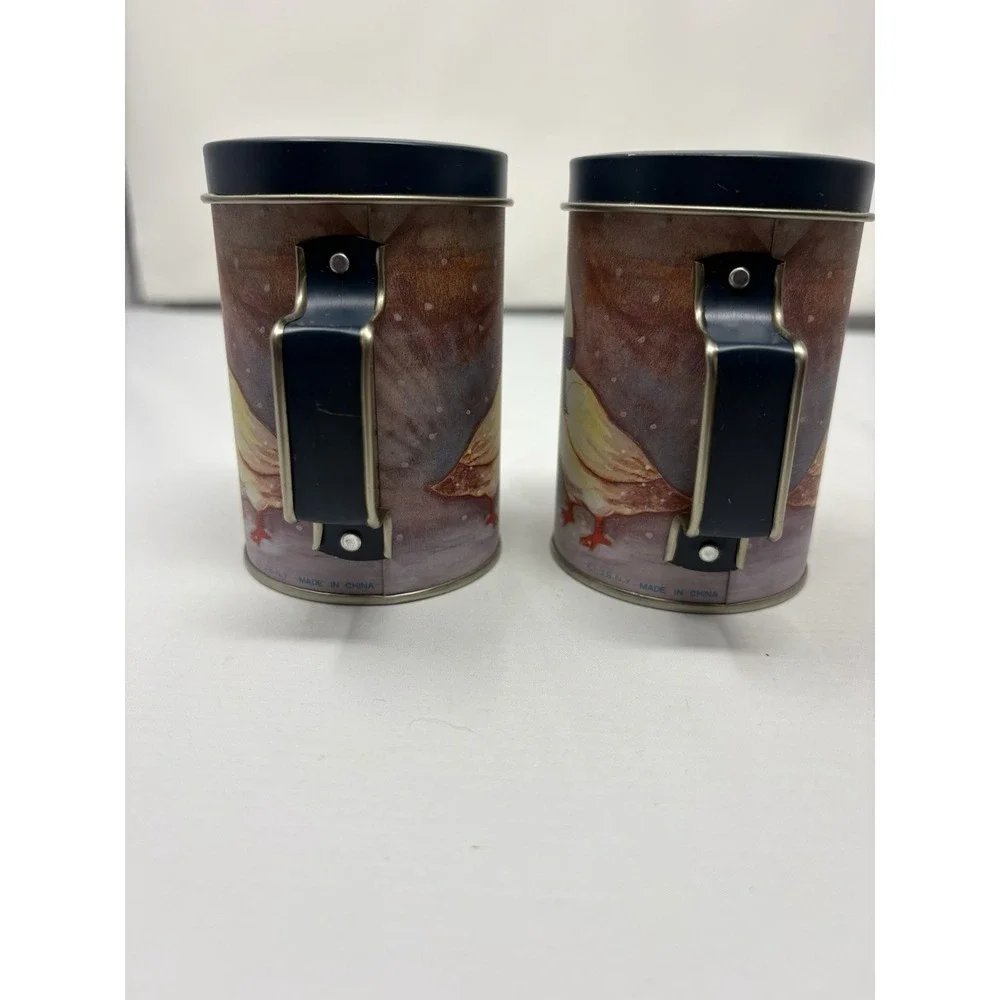 Vtg J.S.N.Y. Salt & Pepper Shakers Tin Metal Winter Ducks Geese Blue Bows Snow